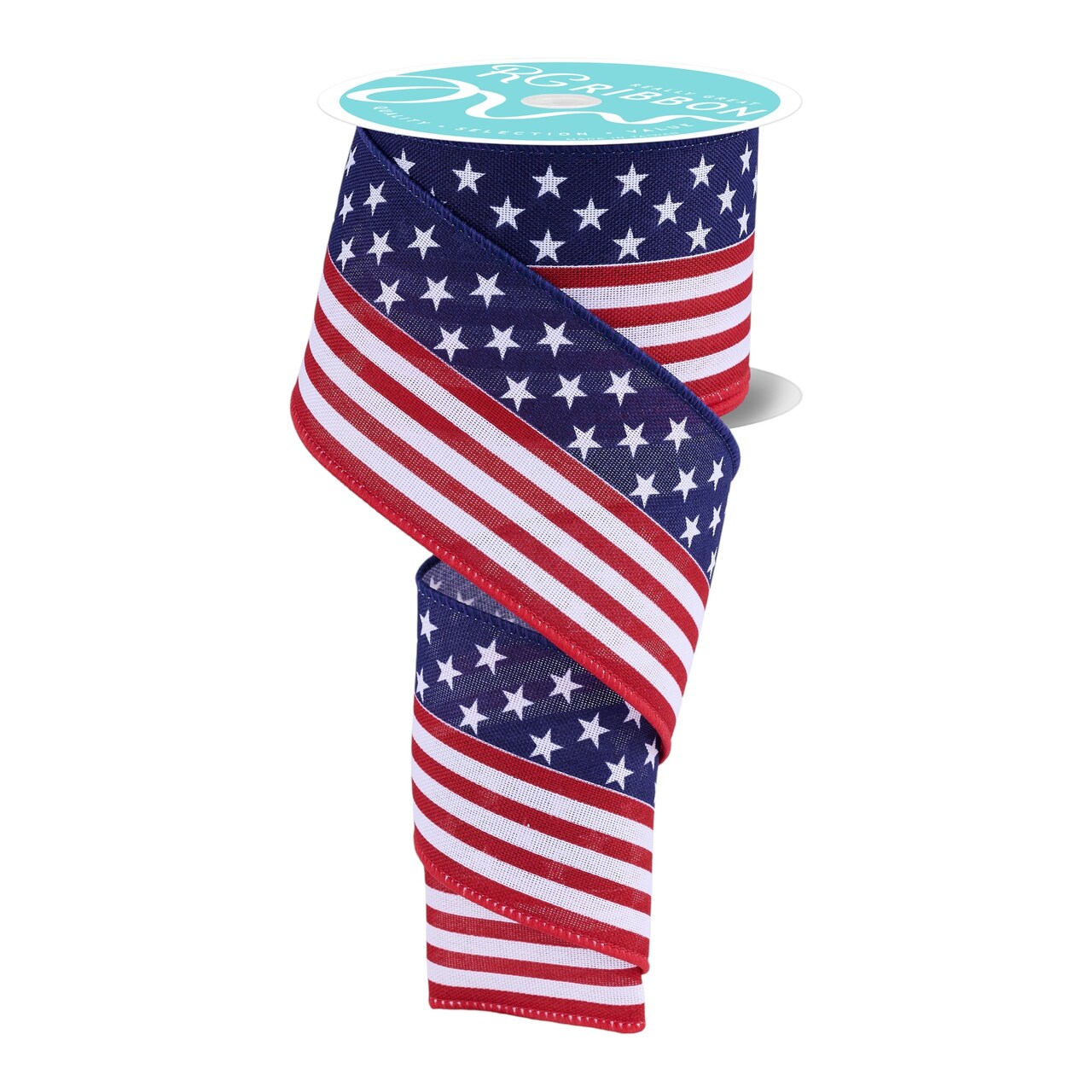 RG Ribbon: 2.5" Stars and Stripes Wired Burlap Ribbon - Red, White, and Navy Blue For Bows, Wreaths, Crafts, and Decorations